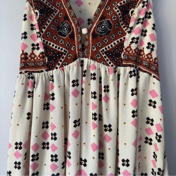 Free People Charlotte Tunic Top Tribal Print Boho Bohemian Collared Button Neck - Picture 7 of 9